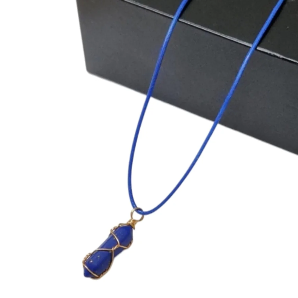 Healing Crystal 14K Gold Wire Wrapped‎ Lapis Lazuli Stone Point Pendant Necklace